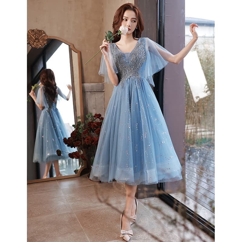 Blue evening dress niche light luxury banquet temperament slim fairy birthday party light luxury petite summer