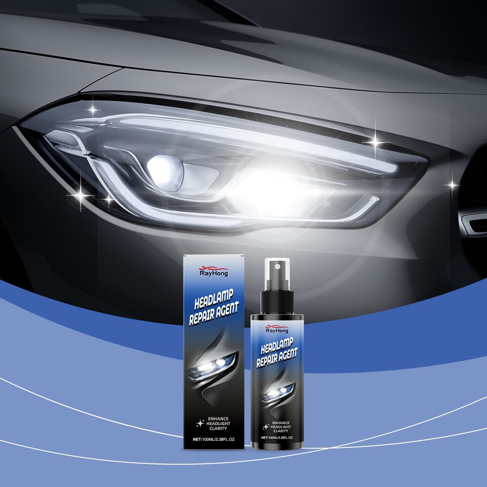 RAYHONG Car Headlight Care Spray - Cleans Yellowed Surfaces, Improves Light Transmission, Easy-to-Use Spray