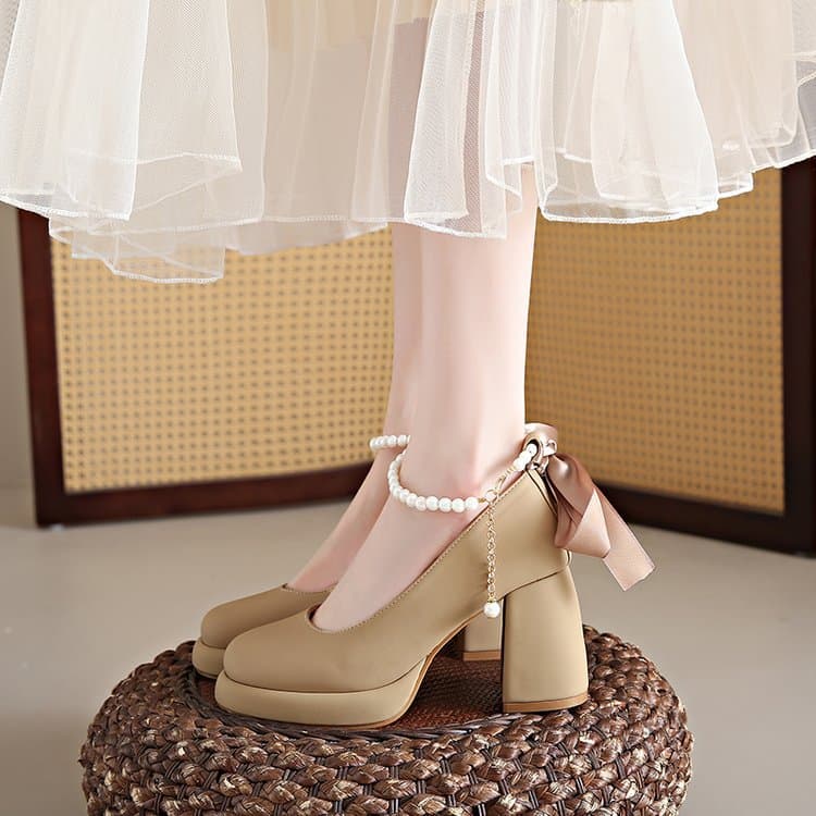 Mary Jane Shoes Spring and Summer Pearl Waterproof Platform New Thick Heel Small High Heel Single Shoes Women's Large Size Women's Shoes 2025