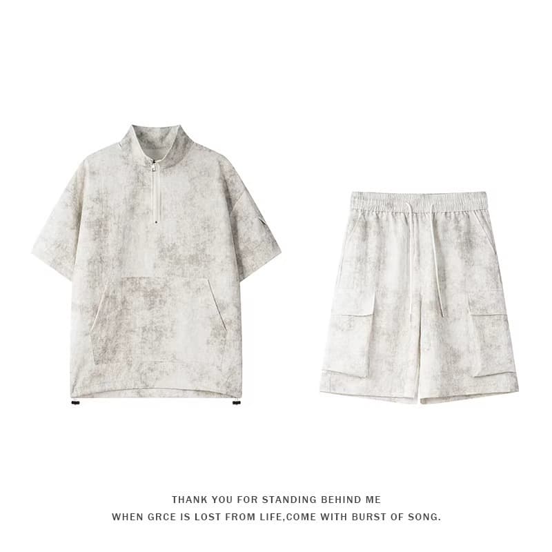 Tie-Dye Quick-Dry Set Men's Summer Thin Half-Zip Trendy Two-Piece Teen Casual Short Sleeve T-Shirt and Shorts Set