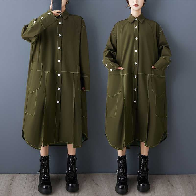 Real Shot Niche Design French Vintage Irregular Topstitch Trench Coat Fashion Premium Lazy Style Shirt Dress