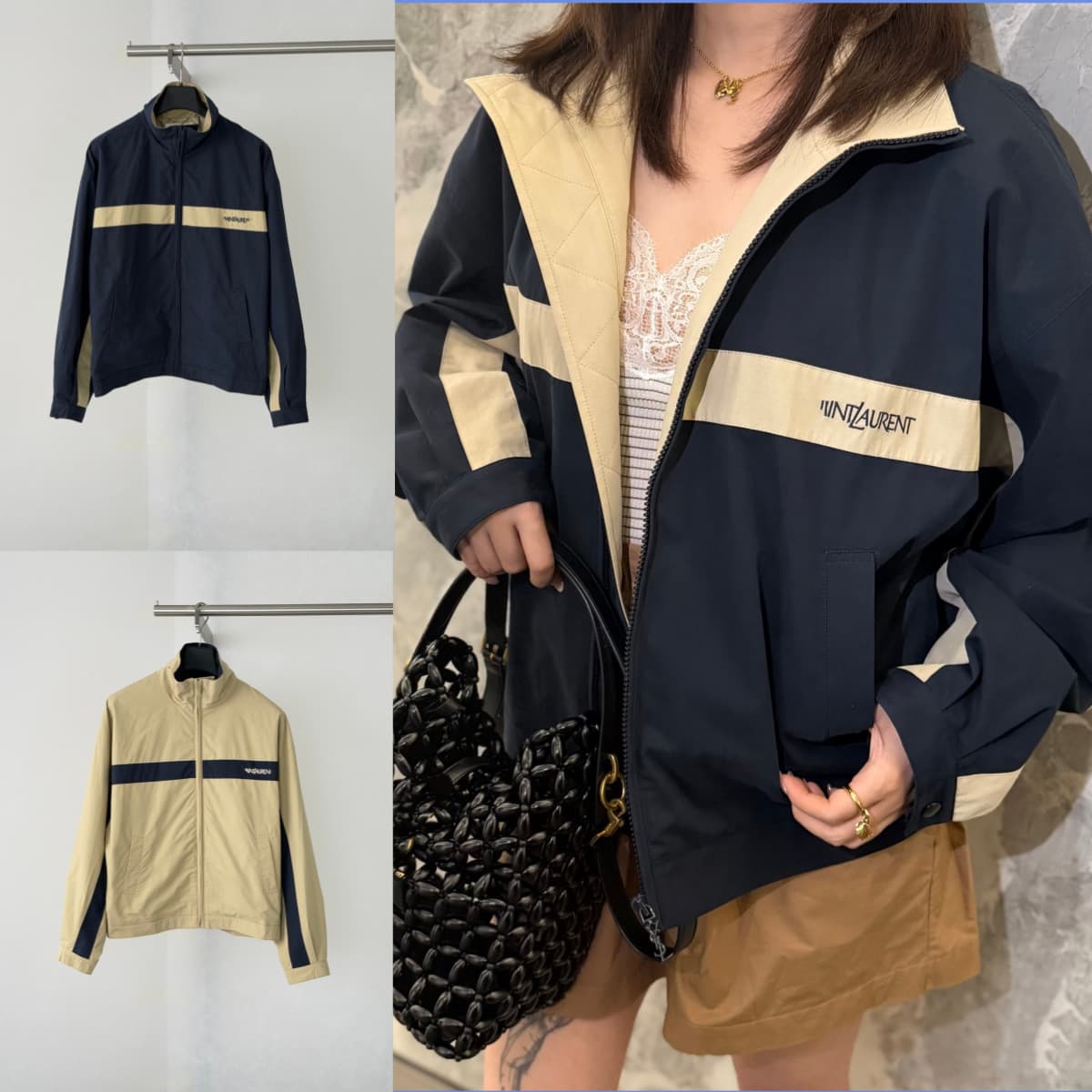 Correct version 26FW new autumn and winter YSL contrasting color stitching stand-up collar sports and leisure zipper jackets for men and women
