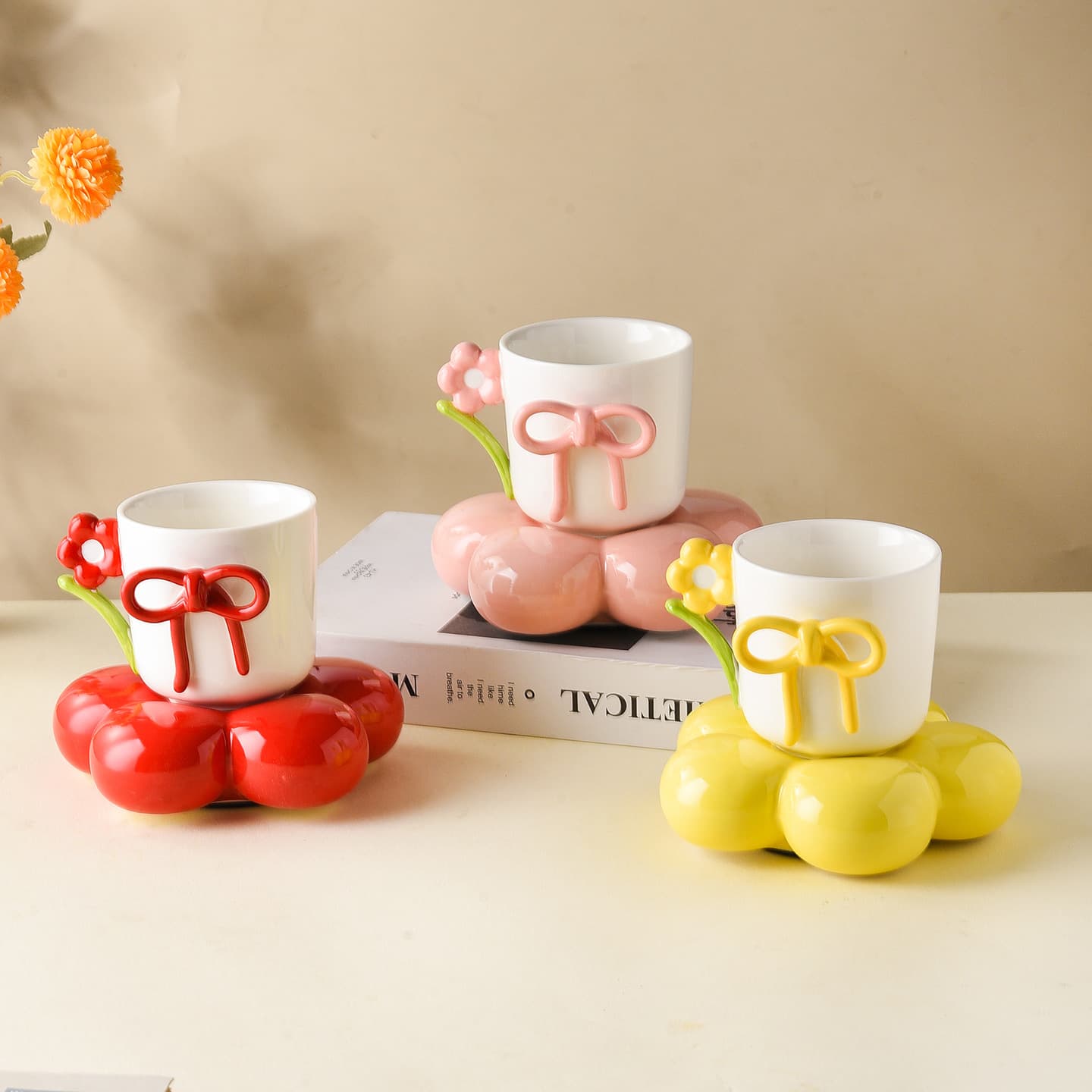 Ins Style Bow Niche Designer Cup Coffee Cup and Saucer Afternoon Tea High-Value Water Cup Ceramic Mug
