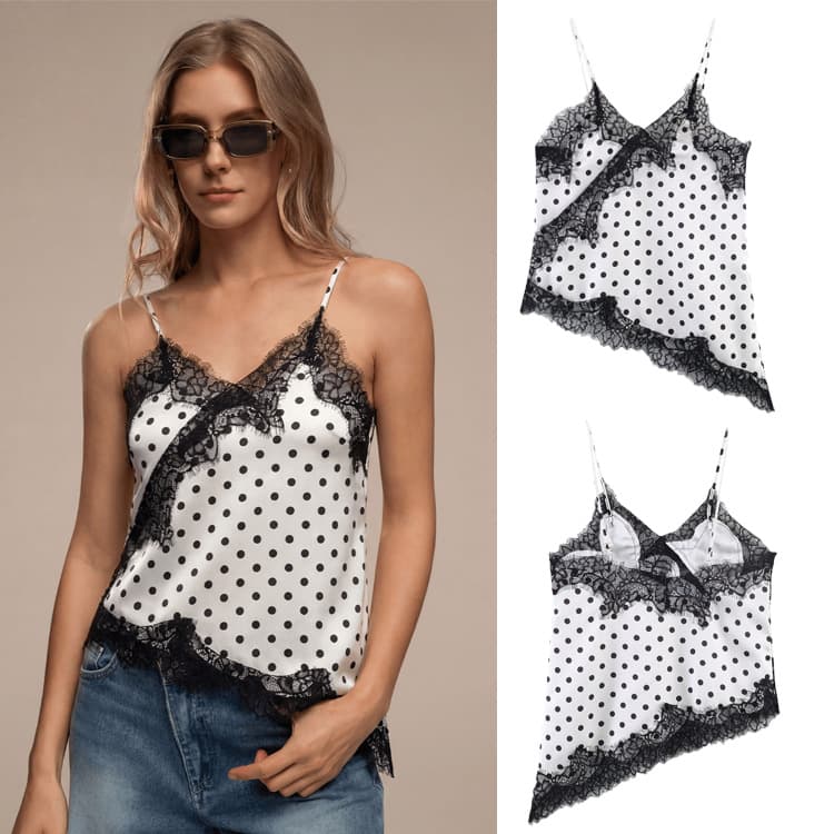 Cross-border European and American Polka Dot Lace Camisole Summer New Women's V-Neck Sexy Slim Fit Top with Unique Design