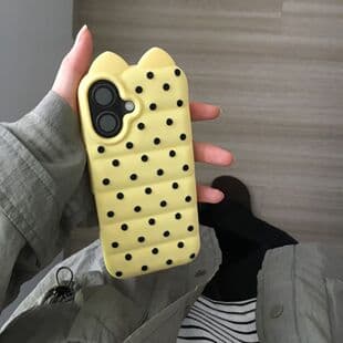 Cat Ear Cream Polka Dot Puff for Apple 17 Phone Case Simple Soft iPhone 16 Side Cat Paw Case 15