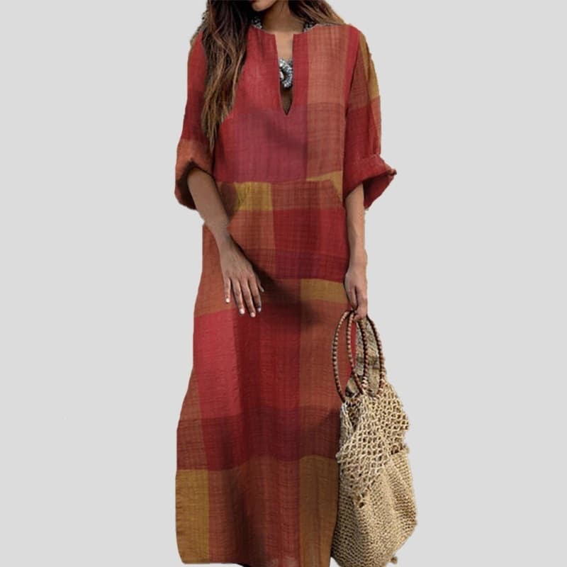 Clothes print style retro ethnic loose cotton and linen spring and autumn large swing dress long sleeve fashionable orange