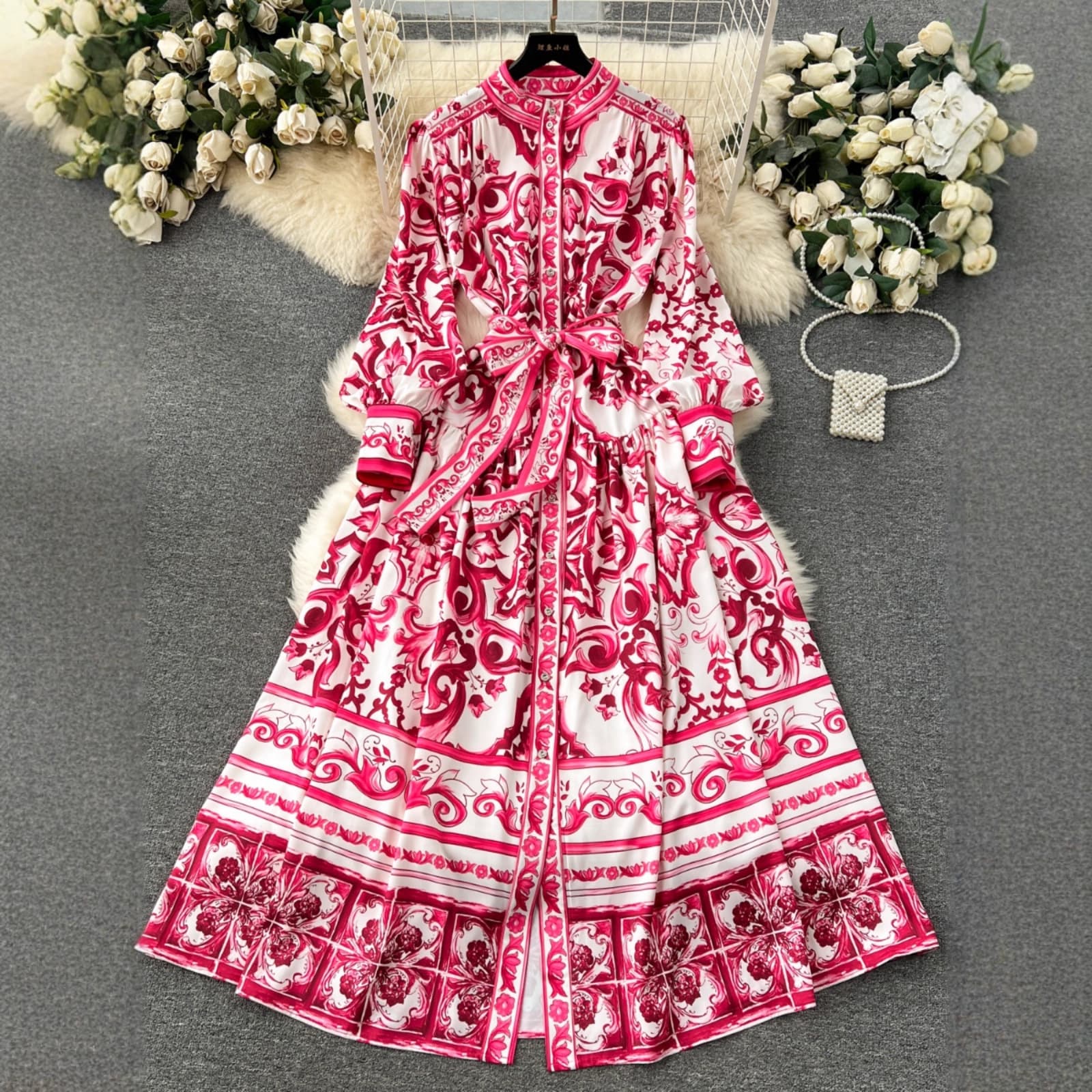 Cross-border palace style dress for women 2024 new spring style temperament stand collar buttoned slim long style niche print gift