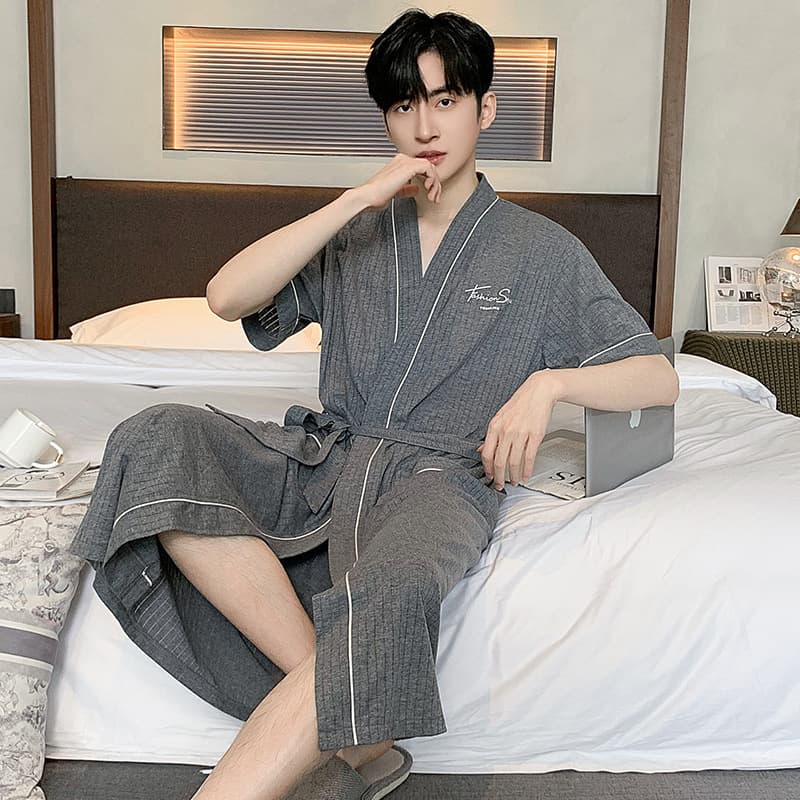 Pure Cotton Short Sleeve Nightgown Men's Robe One-Piece Bathrobe Plus Size for Teens Summer