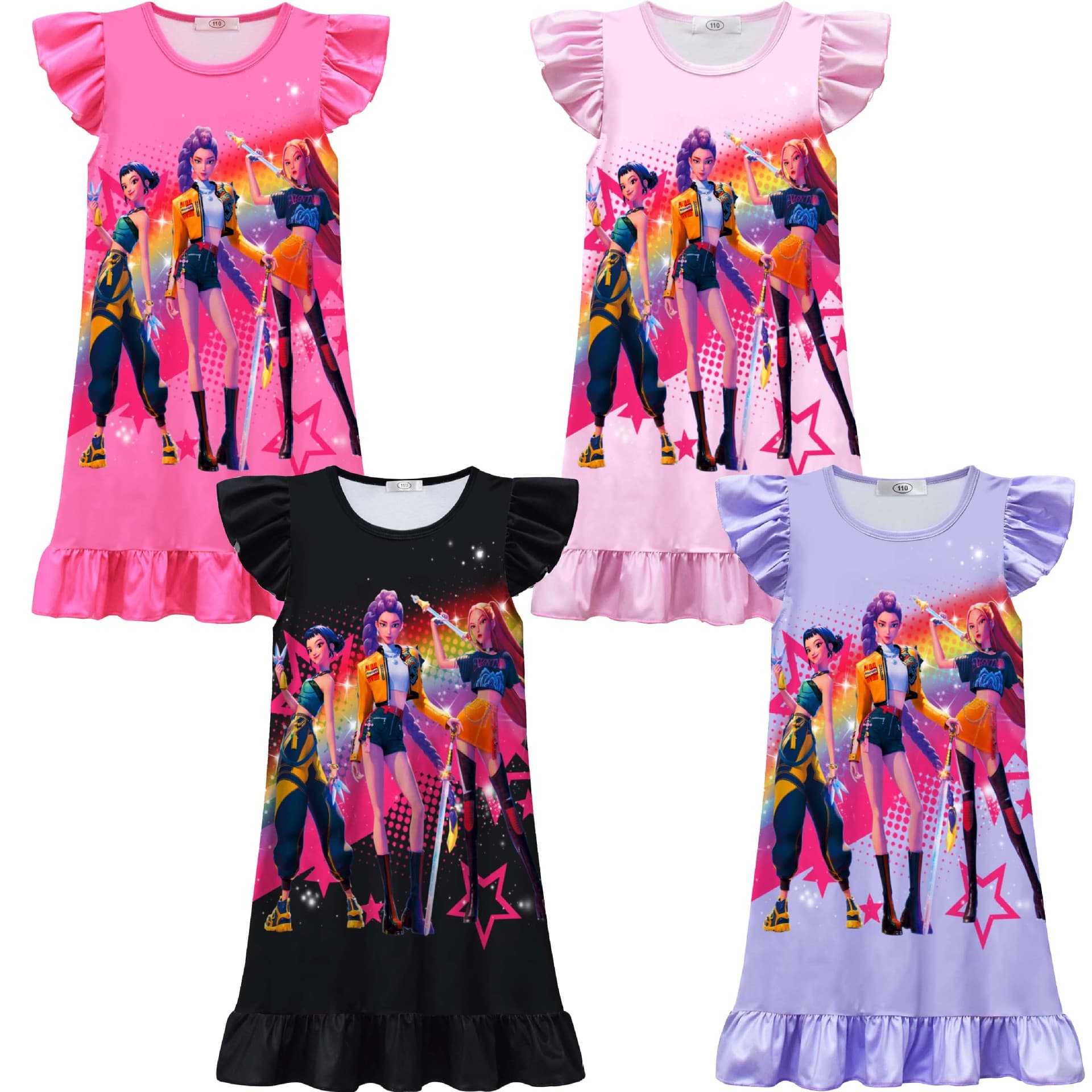 In Stock: Demon Hunter Girl Group Digital Printed Children's Dress with Flutter Sleeves and Ruffled Nightgown 82570