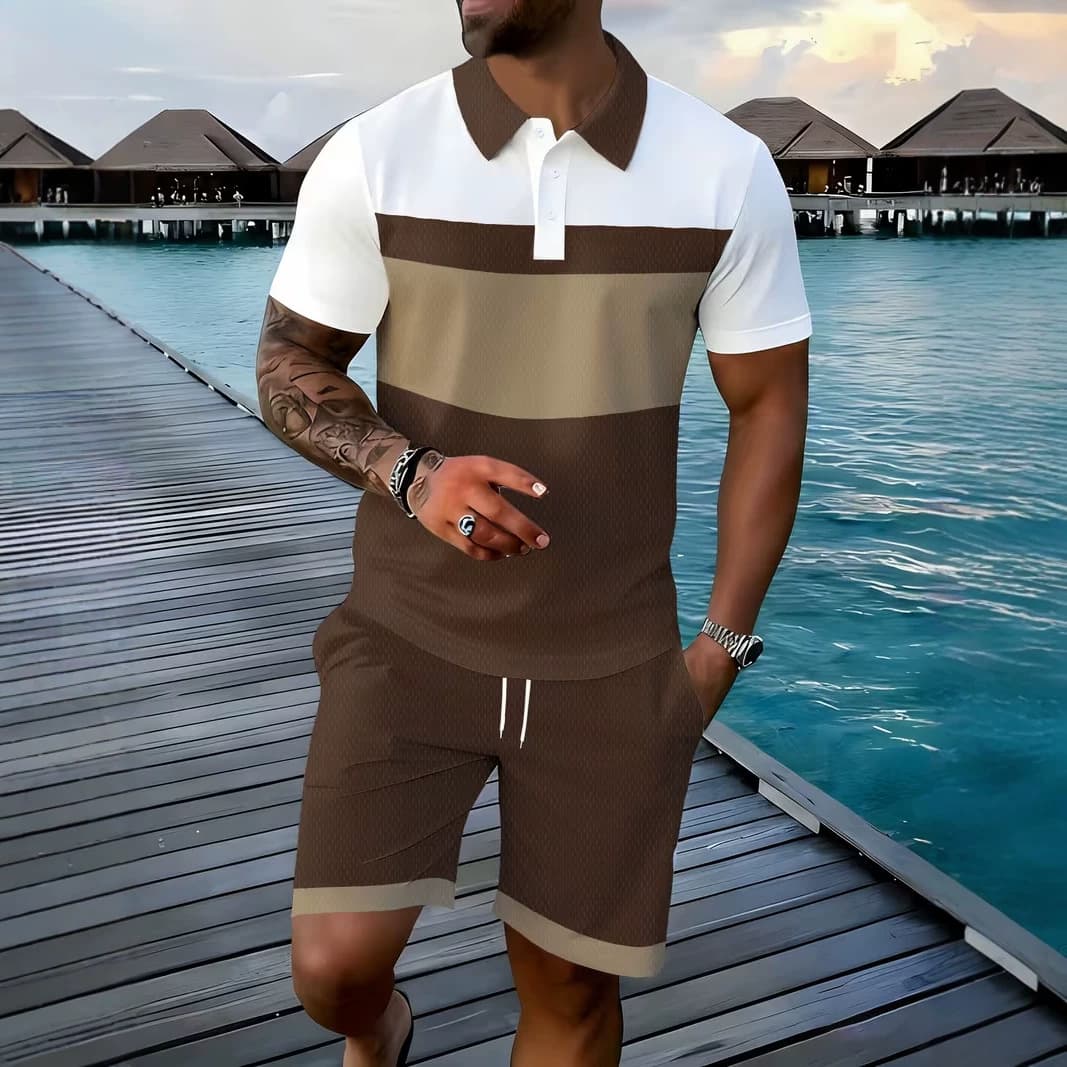 Cross-border Best-selling Men's Polo Shirt Set, Summer Two-Piece New Casual Short Sleeve and Shorts, Drop Shipping