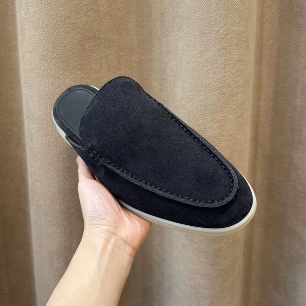 Spring/Summer New Genuine Leather Toe-Covered Slippers Casual Men's Slip-On Round Toe Flat Half Slippers Large Size Outdoor Wear