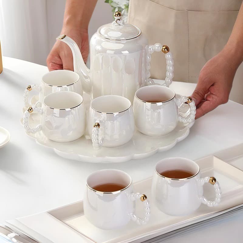 Luxury Pearl White Cold Water Pitcher Premium Glassware Set Black Coffee Cup and Pitcher Set High-End Tea Set Gift