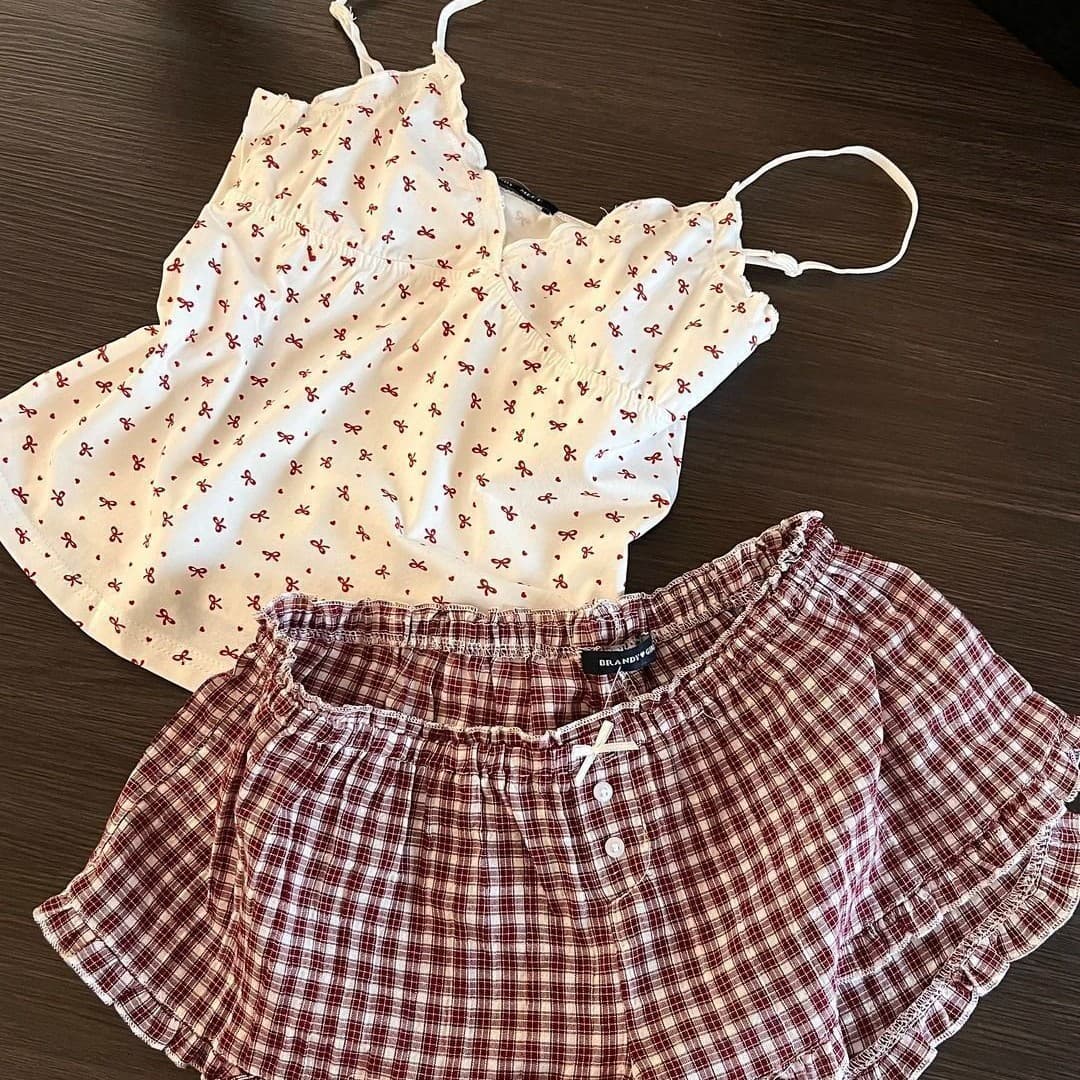 Bow Dot Camisole Pajama Set for Women Summer 2026 New Plaid Shorts Girls Wearable Homewear Set