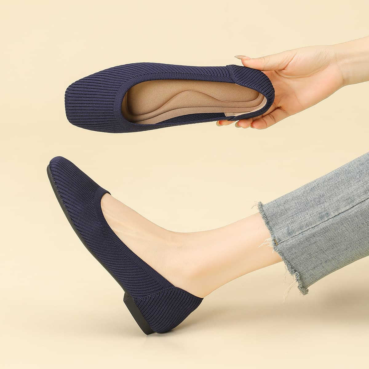Ballet Flats for Women, Round Toe Knit Shoes, Grandma Shoes for Export, Princess Egg Roll Shoes, Flat Large Size Bean Shoes