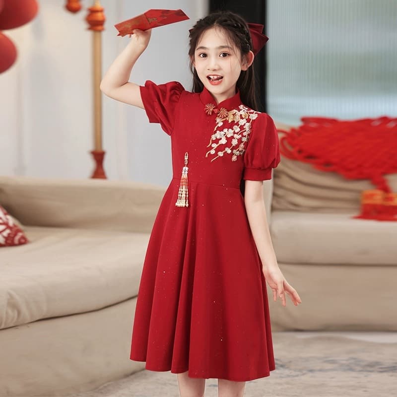 Girls' New Chinese Style Dress Summer New Big Children's Red Performance Cheongsam Dress Little Girl's Chinese Style Dress