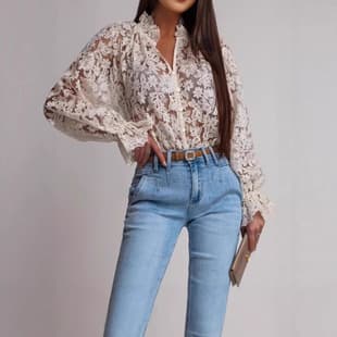 New Cross-border Women's European and American Elegant Lace Flower Long Sleeve Ruffle Bell Sleeve Top Lace Blouse