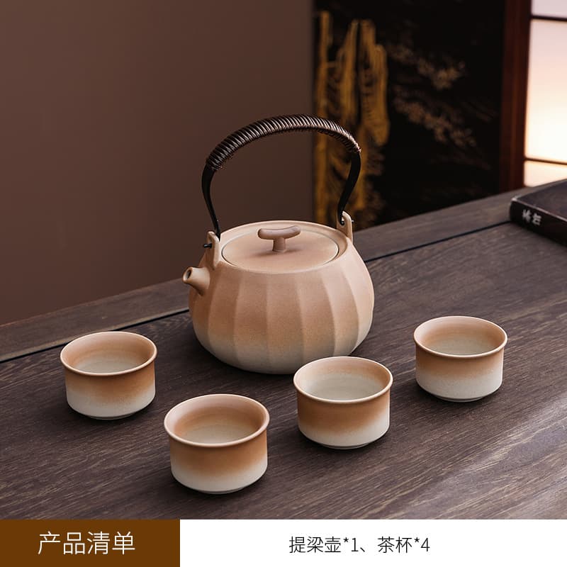 Hearth Boiling Tea Pot Charcoal Stove Set, Coarse Ceramic Household Hanging Pot with Tea Cups, Alcohol-Based Smoke-Free Tea Boiler