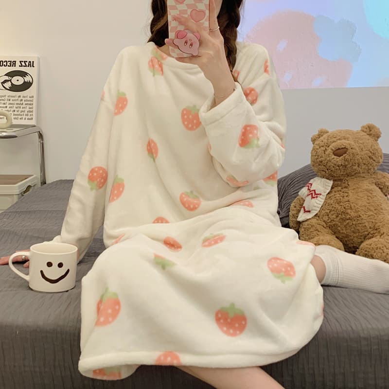 Flannel Nightgown for Women Autumn Winter Cute Cartoon 2023 New Coral Fleece Thickened Warm Dress Homewear