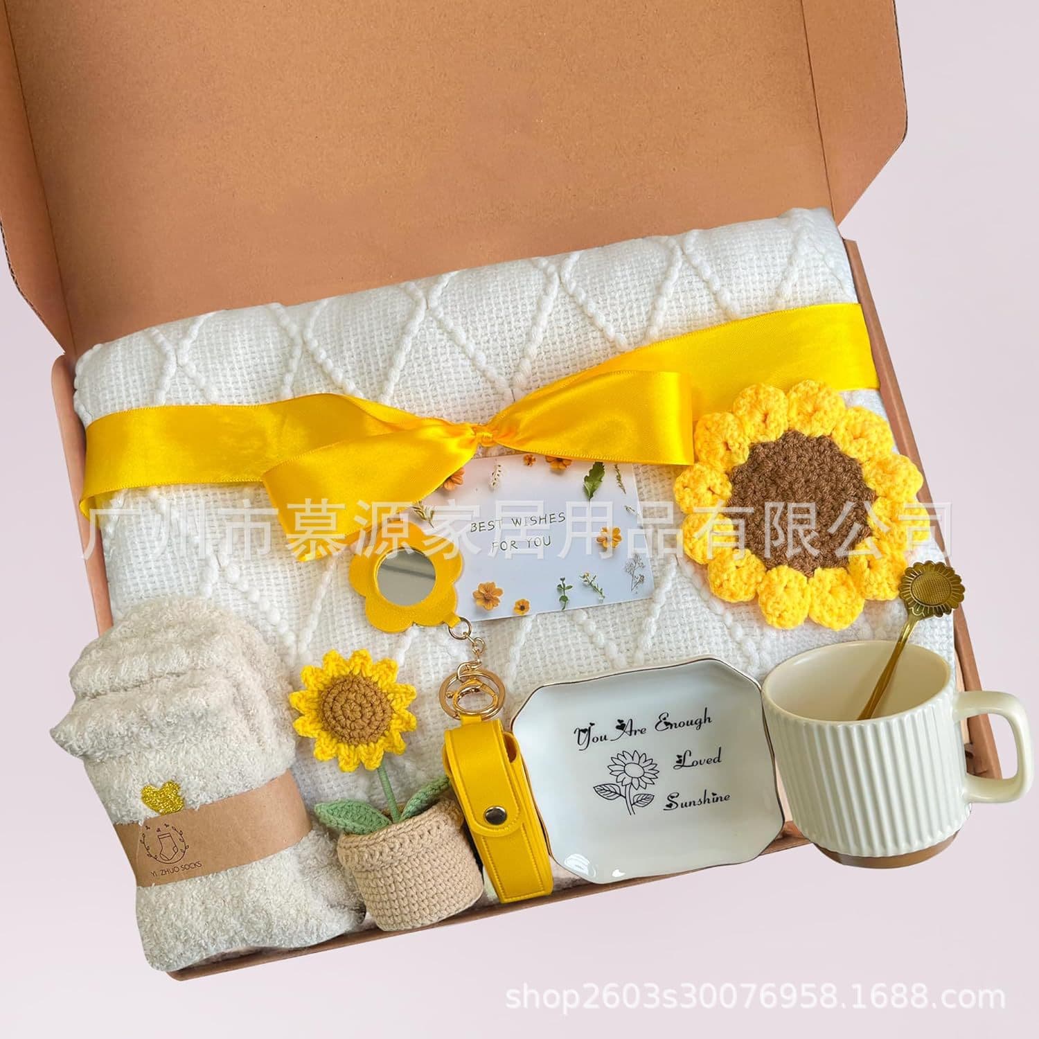 Cross-Border Hot Selling Women's Gift Set: Mother's Day Fringe Blanket, Ceramic Cup, Sunflower Coaster, Lipstick Mirror Pendant
