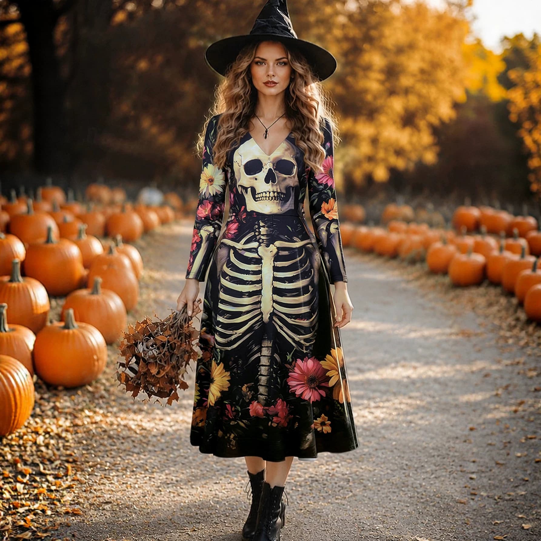 LN2006 European and American Cross-border Women's Halloween Costume Skull Print V-neck Long Sleeve Long Dress COS Costume
