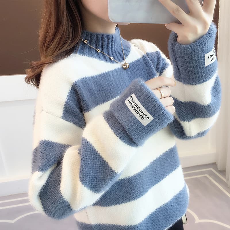 Export Chenille Knit Sweater Women's Autumn Winter New Loose Casual Top Pullover Contrast Stripe Knit Sweater Women