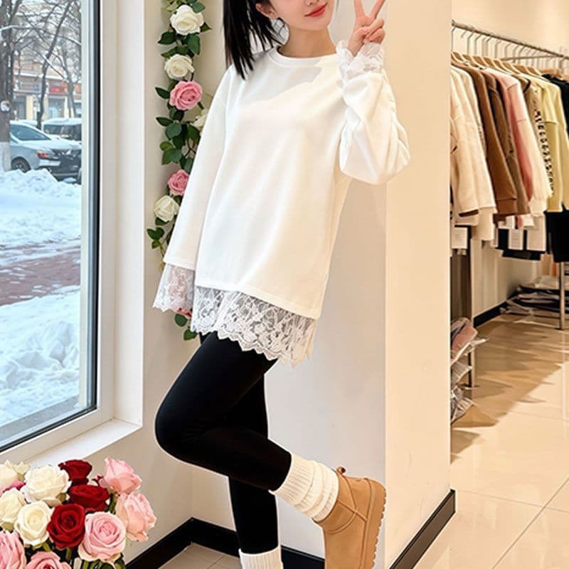 New Winter Warm Lace Trim Base Top for Women 2025 Korean Lazy Style Hip-Covering Mid-Length Blouse