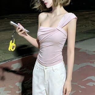 Cross-border Wholesale Korean Summer New One-Shoulder Tank Top Women's Summer Fitted Off-Shoulder Chic Hot Girl Style Short Top