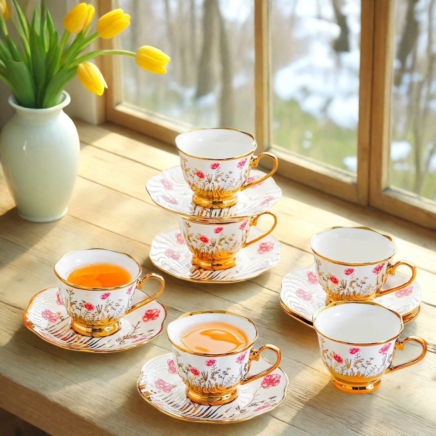 British Style Ceramic Coffee Cup Set European Tea Cup and Saucer 6-Piece Set Home Living Room Office Water Cup