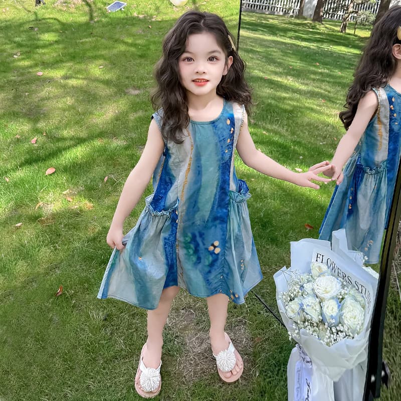 Pure Cotton Girls' Stylish Princess Dress Baby Summer Outfit Children's Sleeveless Tank Dress Tie-Dye Blue Dress
