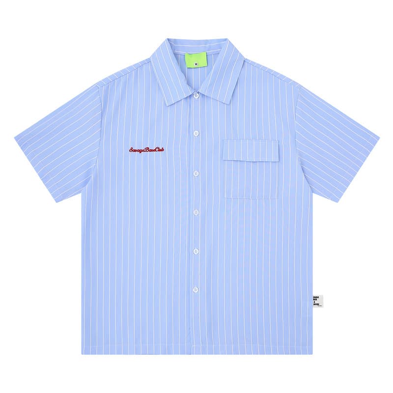 Japanese blue striped commuter lapel shirt short-sleeved boys 2026 new summer loose casual tops wholesale