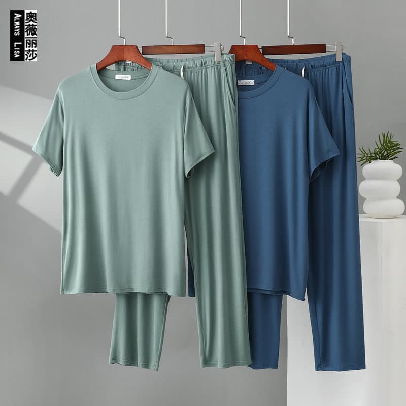 2026 Men's Summer Modal Short Sleeve Long Pants Set Casual Sport Thin Loungewear Versatile Pajama Pants