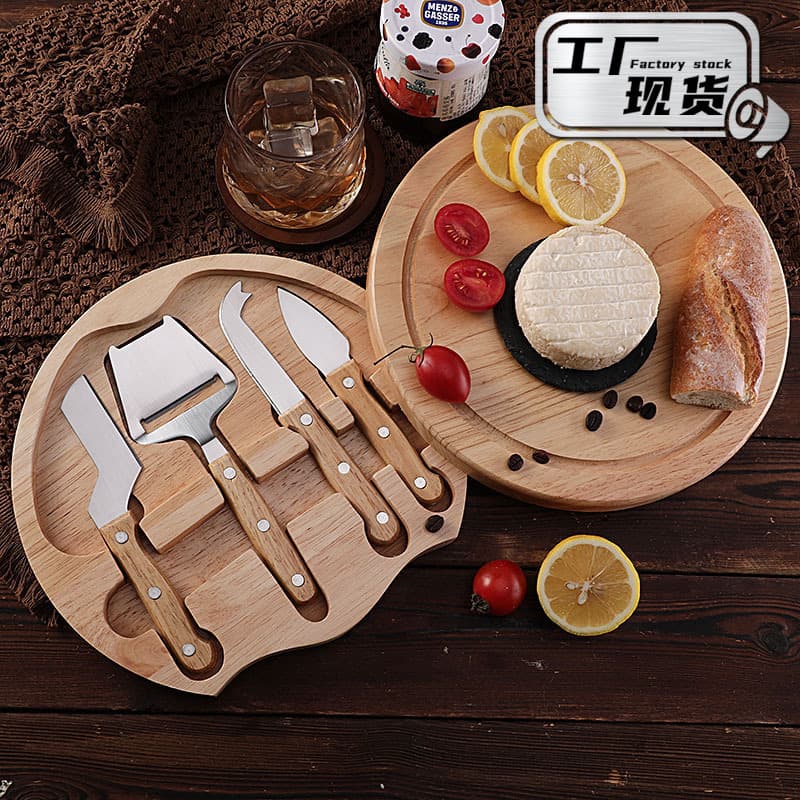 Cross-border spot rubber wooden handle cheese knife round wooden box 4-piece cheese knife spatula stainless steel cheese knife set