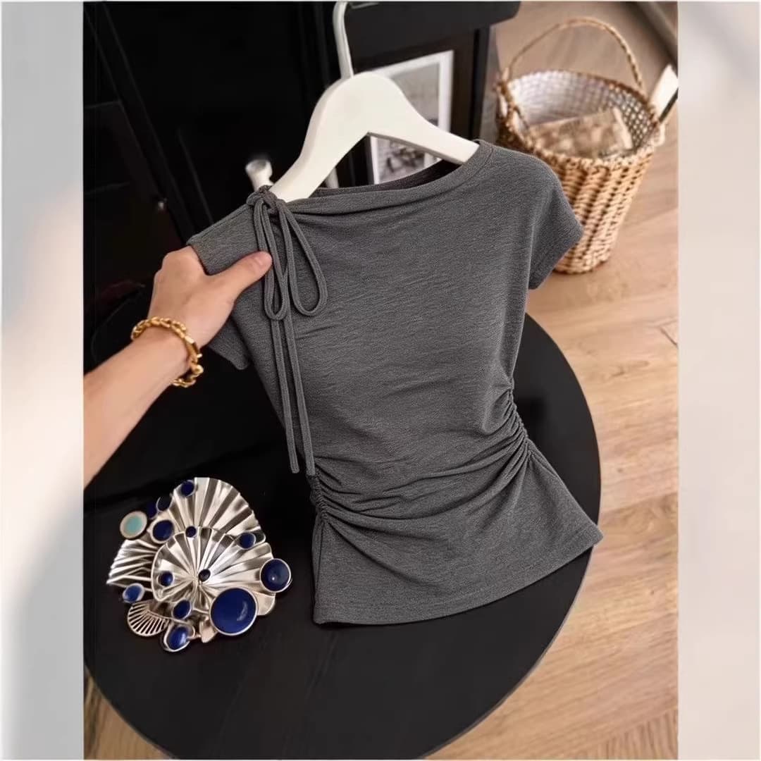 Vintage Bow Design Casual Short Sleeve T-Shirt for Women 2026 Summer New Korean Style Pleated Base Top