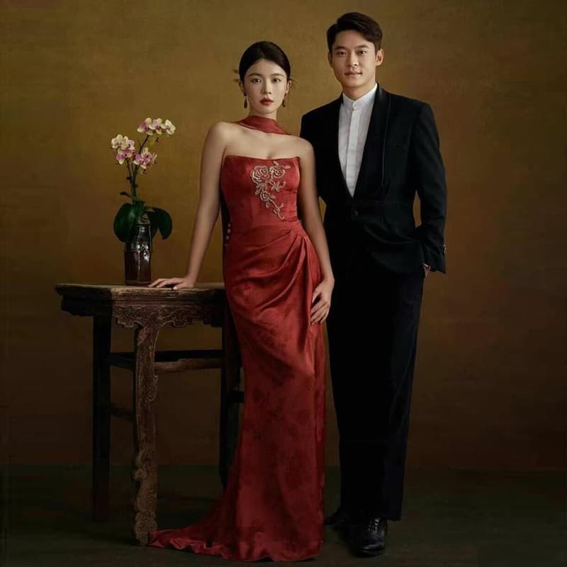 New Chinese Style Wedding Photography Theme Costume, Chinese Style Wedding Dress, Lace Embroidery Morning Robe for Indoor Photography