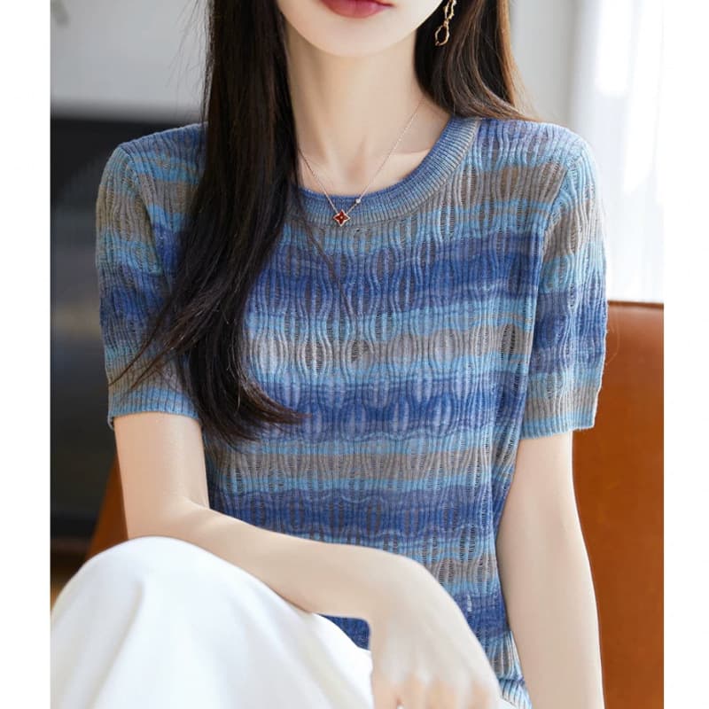 French-Style Color-Block Striped Hollow-Out Short-Sleeve Knit T-Shirt for Women, 2026 Summer Design, Niche Round-Neck Slim-Fit Top