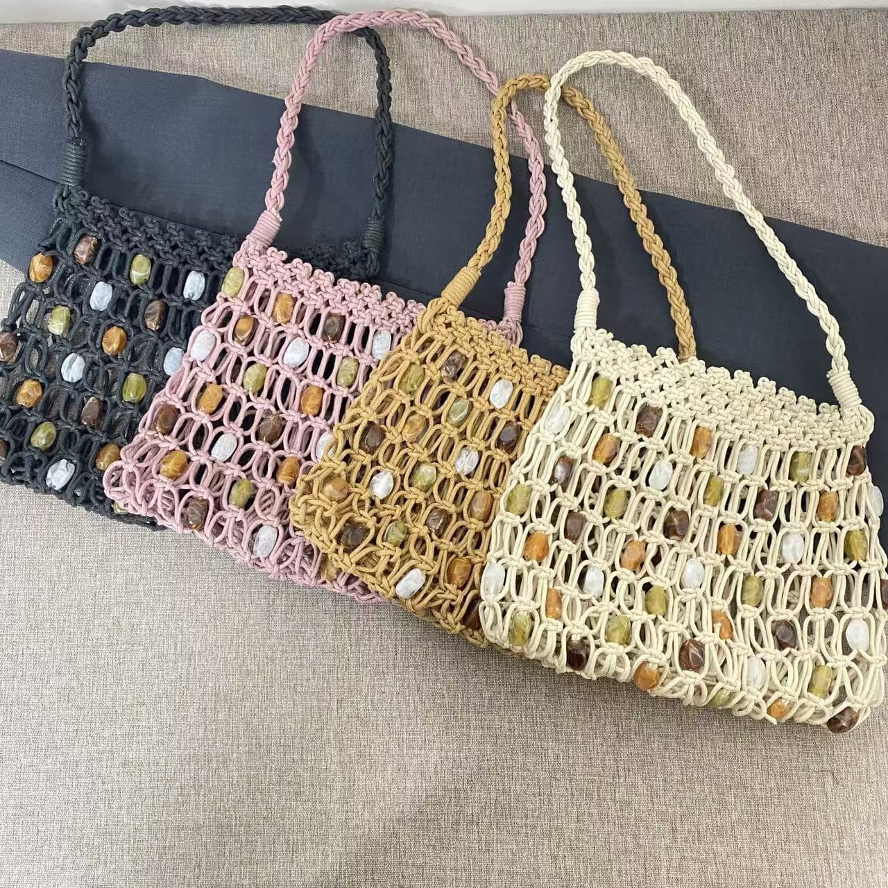 New Handwoven Beaded Tote Bag for Women Summer Hollow Mesh Beach Vacation Bag Niche Design Tote