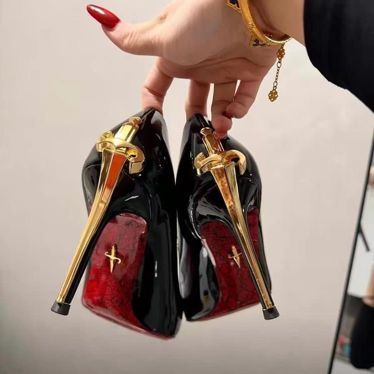 New European and American Blade Scepter Pointed Toe Red Sole High Heels Women's Shoes Black Sexy Mature Style Black High Heel Pumps