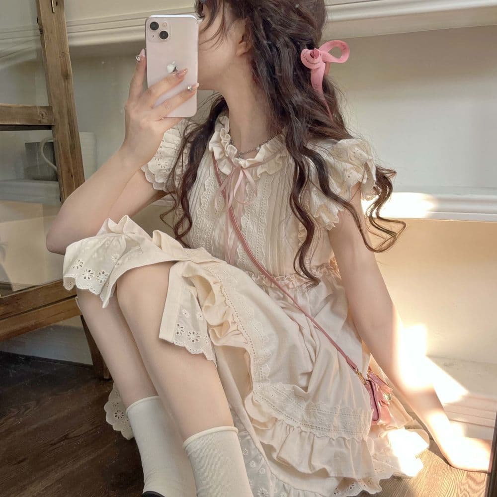Sweet Fresh Style Short Dress Women's Summer Japanese Style Wood Grain Ruffle Sleeveless Dress Cute Fairy Skirt High Waist