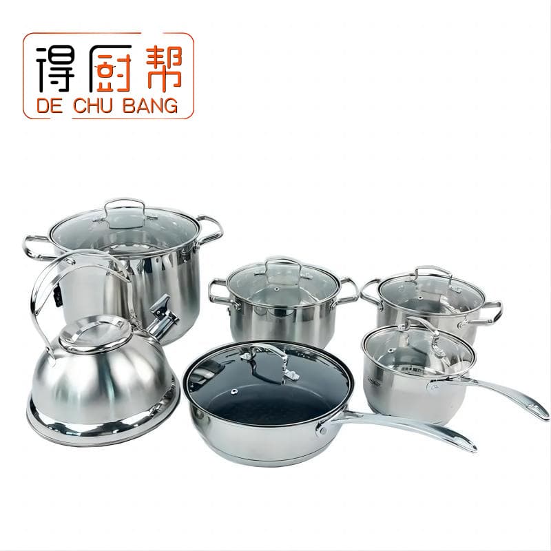 Export to Germany Thickened Multi-layer Bottom Stainless Steel 12-Piece Cookware Set, Including Stockpot, Milk Pan, Frying Pan, Kettle Set