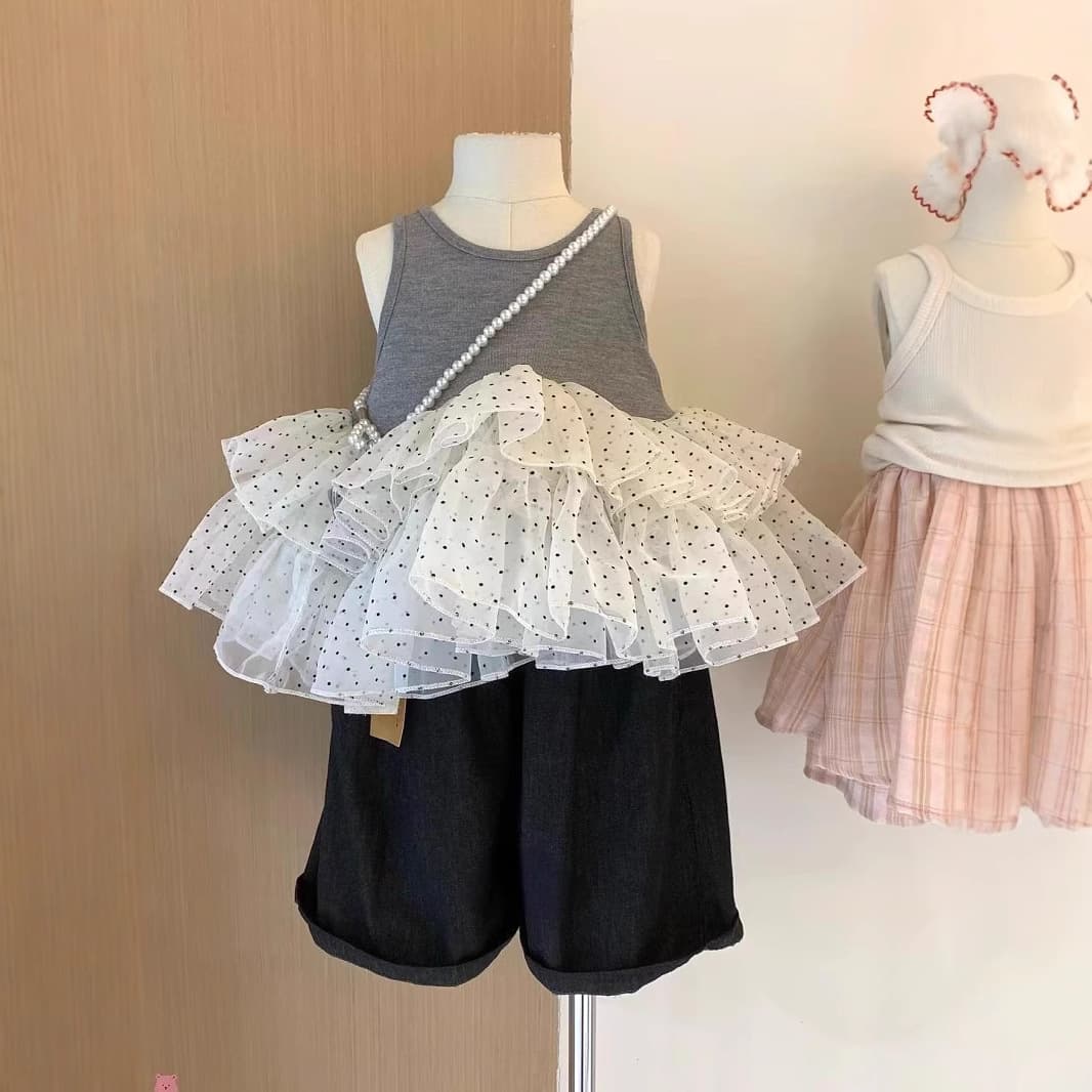 Girls Vest Polka Dot Cute Lolita Top 2025 Summer New Sweet Chic Mesh Spliced Ins Style Base Layer