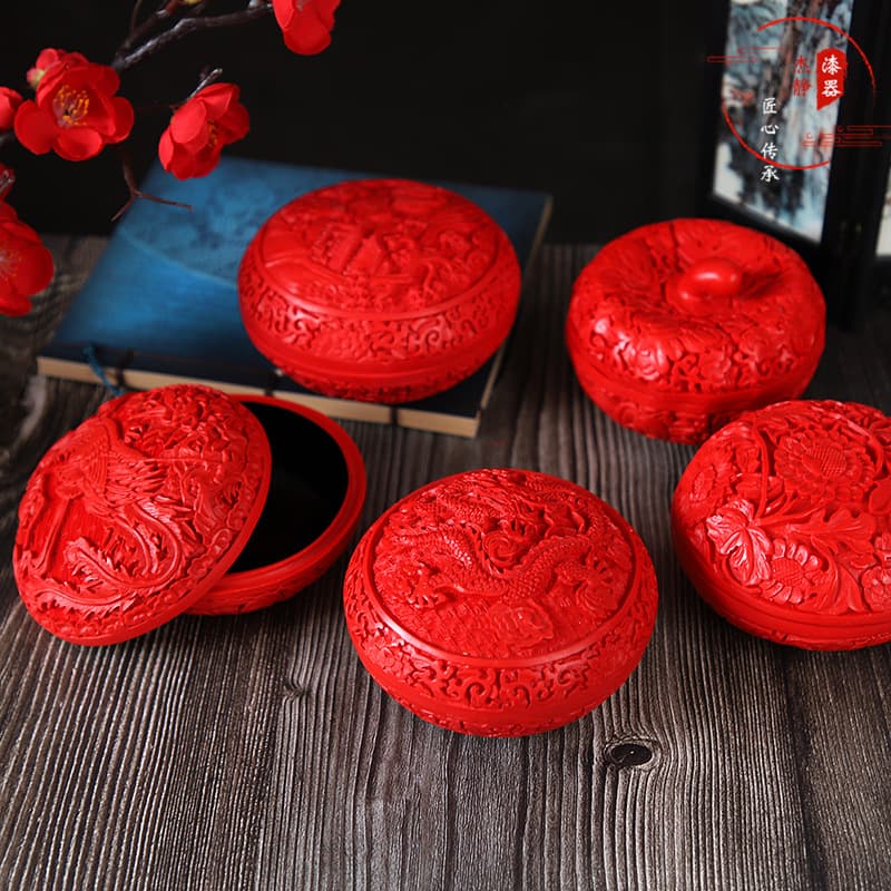 4-inch lacquer carved jewelry box, red carved lacquer decorative lacquerware, business gifts, hotel ornaments, lacquer carved box engraving