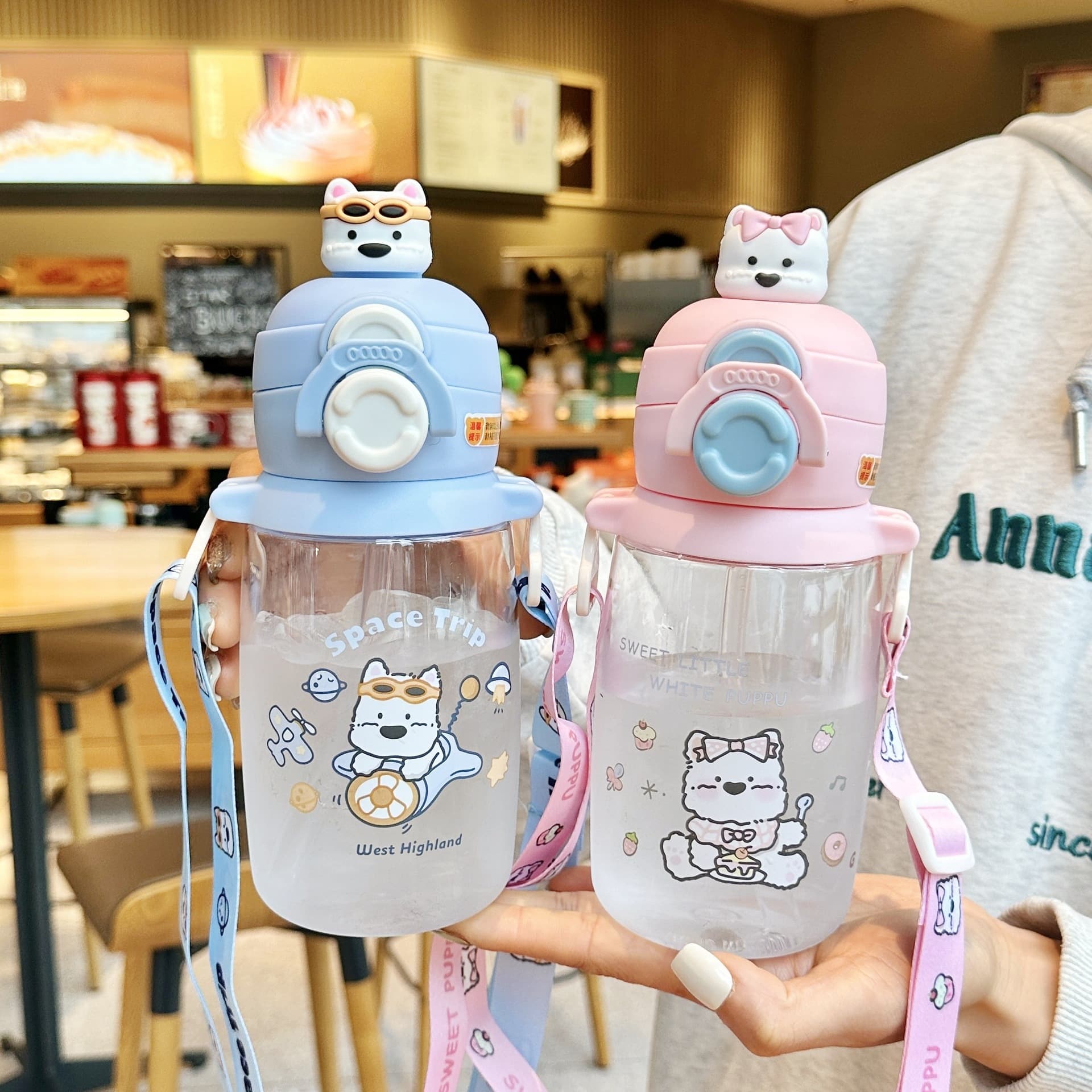 Cute doll water cup for children going to school special summer straw double drinking cup portable student plastic cup kettle