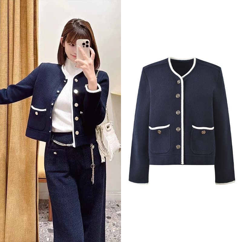 French Contrast Trim Single-Breasted Fashionable Age-Defying White-Trimmed Round Neck Long-Sleeve Short Knit Cardigan Jacket