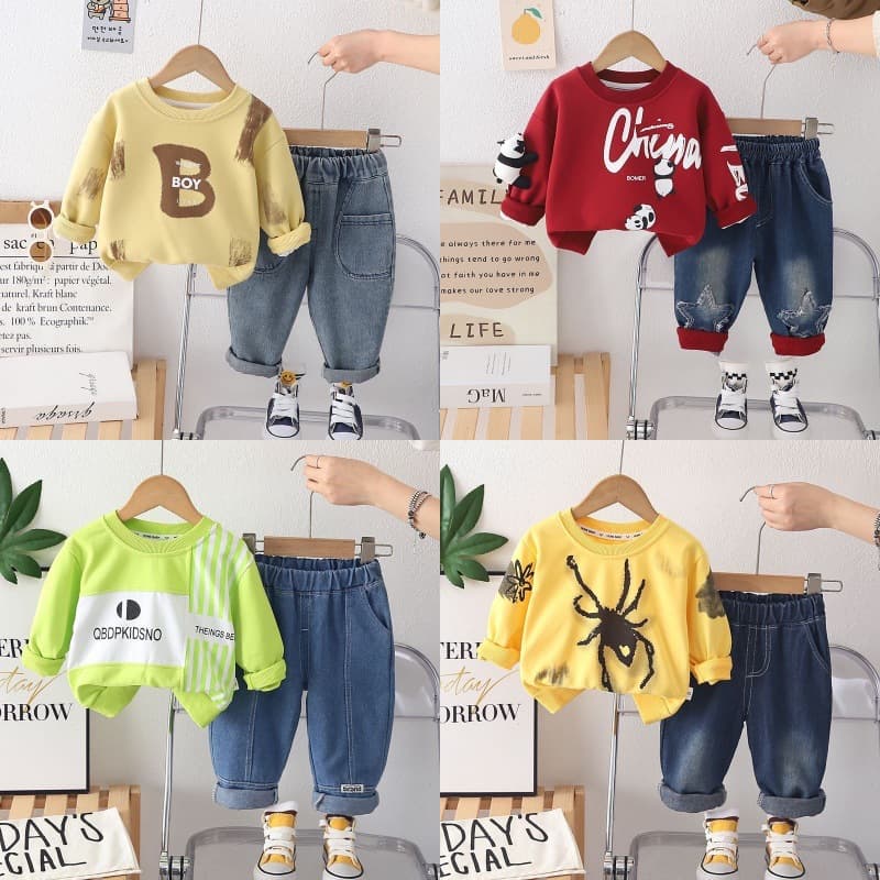 Cartoon Print Sweatshirt Set 2026 Fall Winter New Children's Casual Crewneck Sweatshirt Two-Piece Set Boys Long Pants Trendy