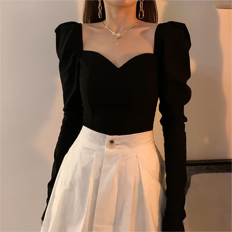Early Autumn Vintage French Puff Sleeve Square Collar Short Top Women's Slim-fit Design Sense Fashionable Black Base Shirt