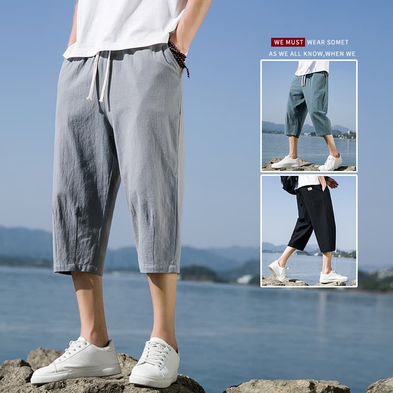 Men's Cotton Linen Capri Pants, Summer Plus Size, Japanese Loose Fit, New Casual Solid Color Trousers, Wholesale