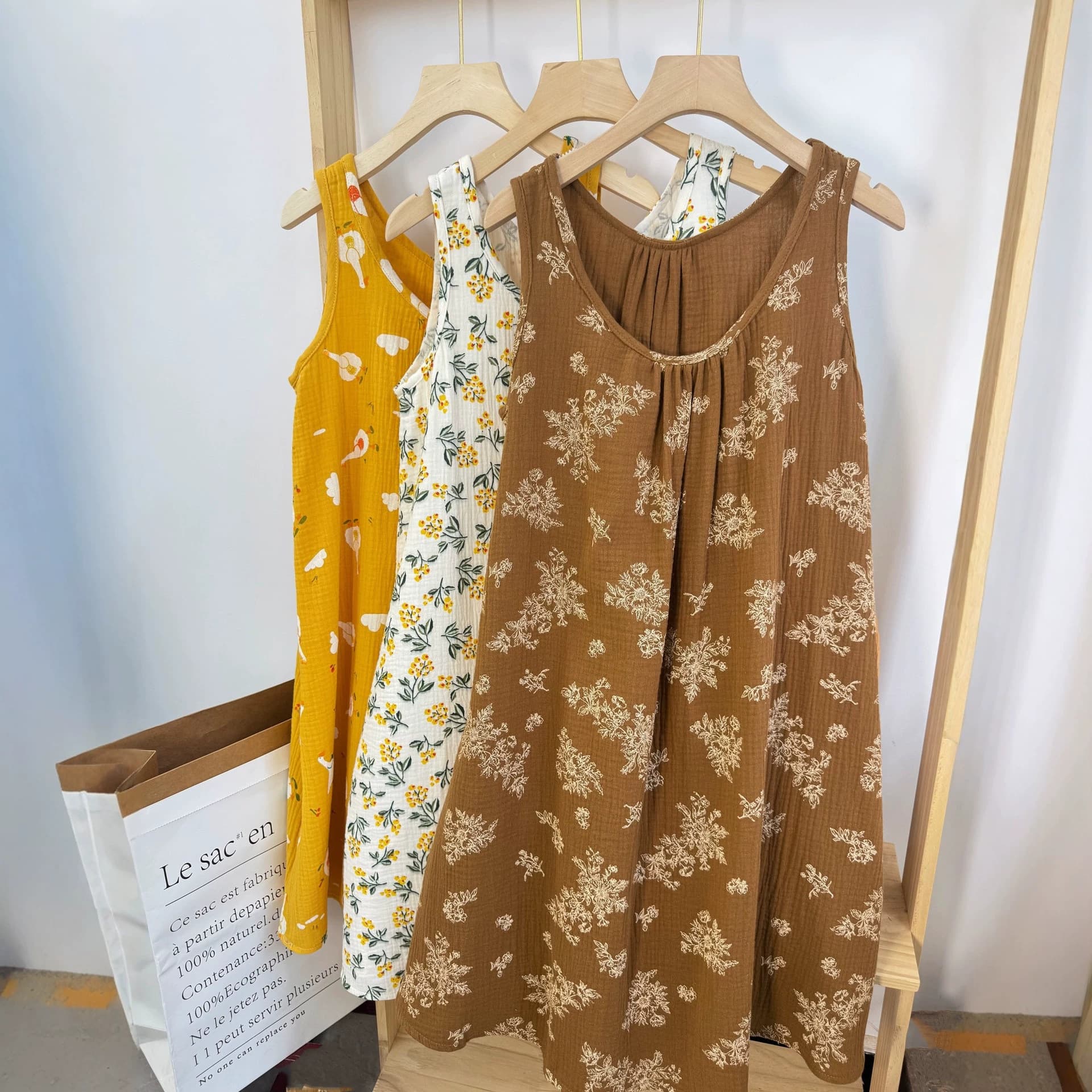 Summer Sleep Dress Women Double Layer Crepe Gauze Slip Dress Loose Cartoon Floral Casual Bear Homewear Camisole Dress