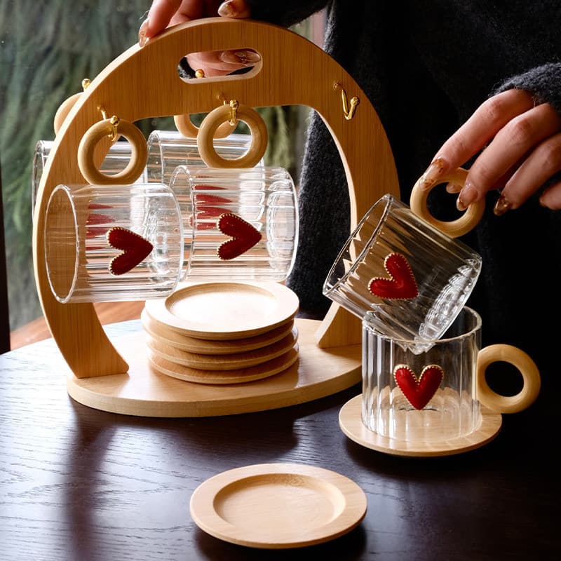 Heat-resistant Glass Coffee Cup Saucer Tea Cup Walnut Wood Gift Box Set Premium Ladies Afternoon Tea Mug