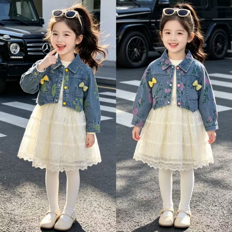 Girls' Spring and Autumn Stylish Denim Jacket Fashion Set 2026 New Children's Fall Long Sleeve 3-Piece Set Trendy