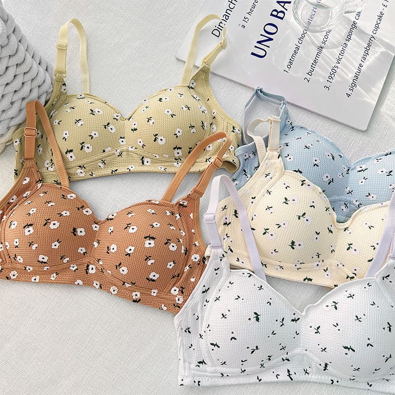Cute Small Floral Teen Underwear Simple Sweet Camisole Bra Breathable Comfortable Lift Anti-Sagging Side Boob Control